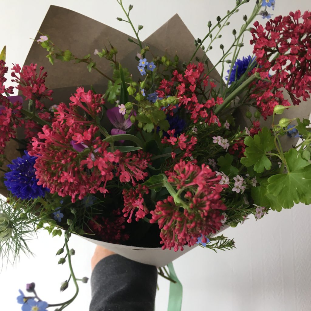 Wrapped bunch of flowers  - homegrown - geraniums - forgetmenots - nigella - sedum 